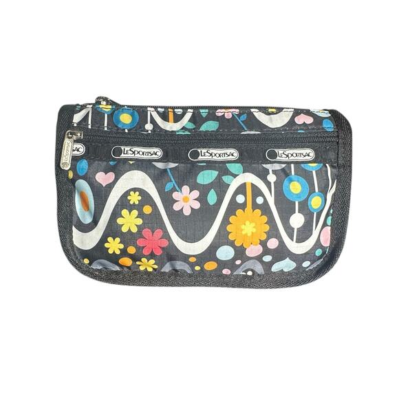 LeSportsac Retro Floral Wave Print Zip Cosmetic Pouch Makeup Bag black - Picture 1 of 12